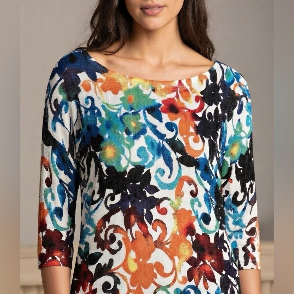 Carmen Marc Valvo Multicolor Bright Floral Scrolls 3/4 Sleeve Knit Top Sequined